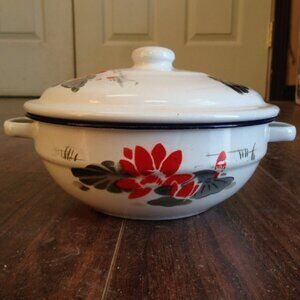 Vtg Bumper Harvest Lotus Floral Blue Rim Two Handled Enamel Ware Bowl Lid 6.75"